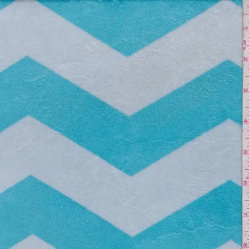 Turquoise/Pale Blue Chevron Stripe Print Minky Fleece Knit Fabric