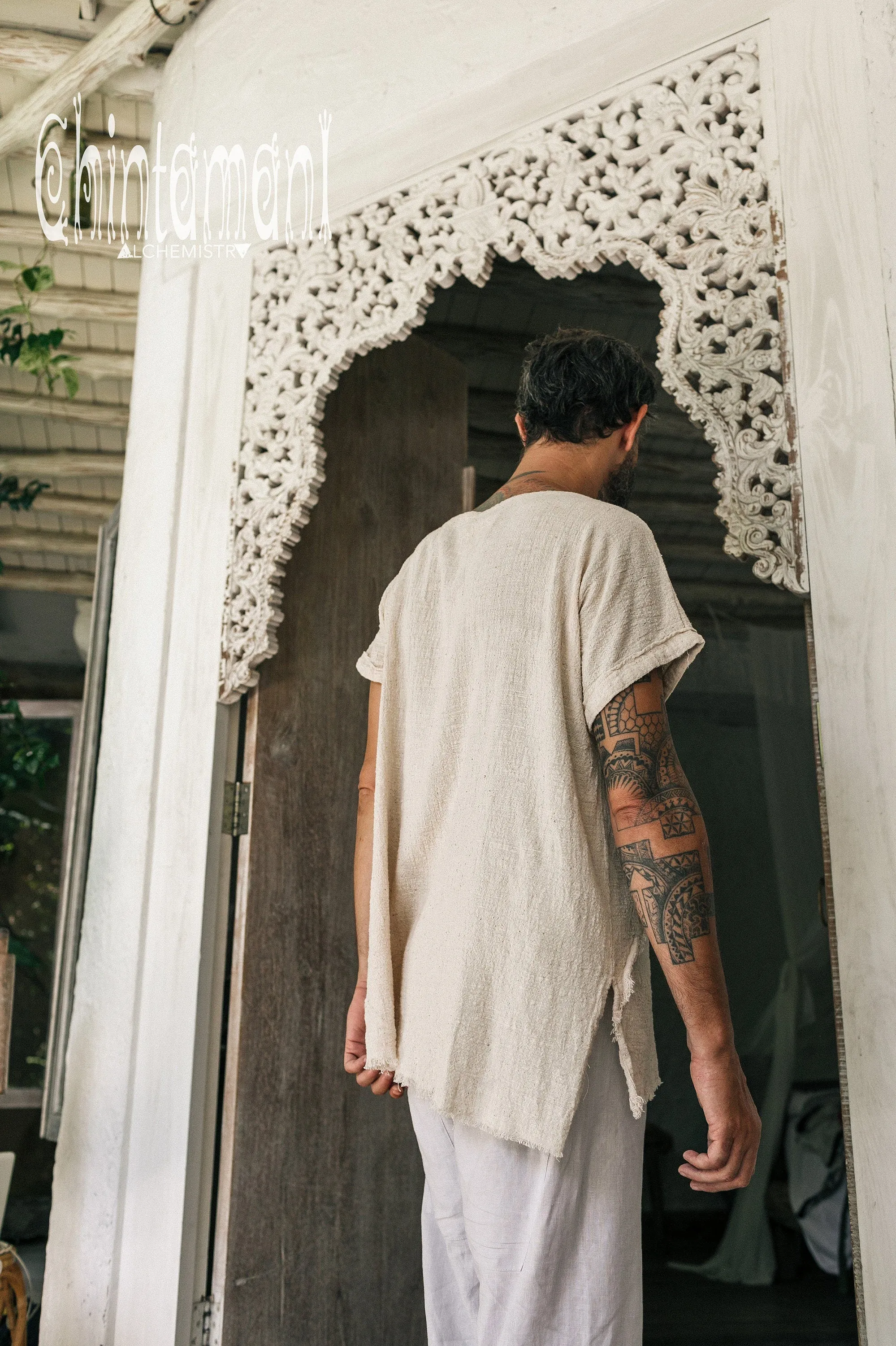 White Boho Tshirt ∆ Organic Shirt Mens Clothing ∆ Eco Nomad Raw Cotton Tribal Top ∆ Hippie Clothes Comfy Tunic ∆ Gypsy Tee Shirt / off White