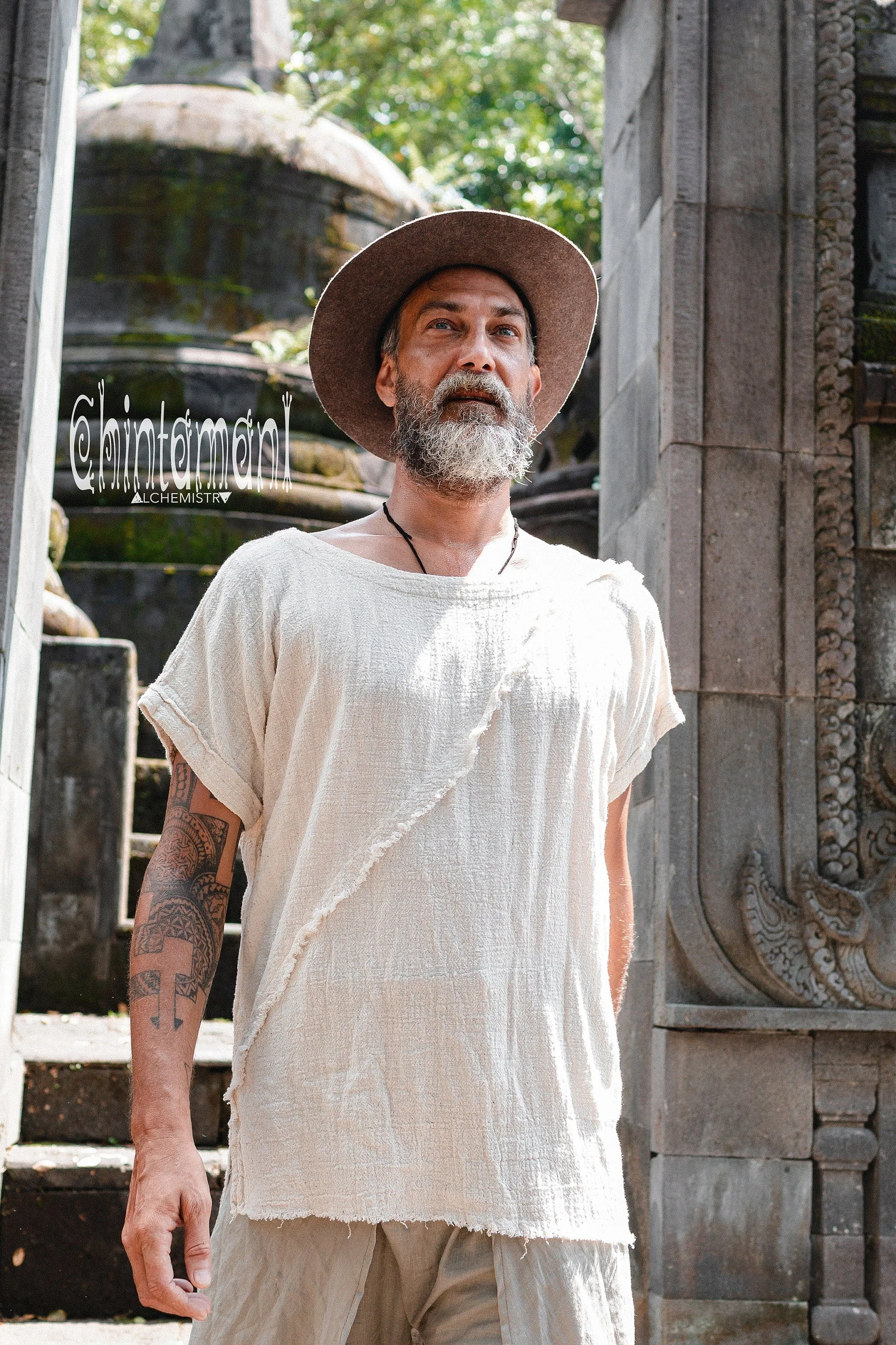 White Boho Tshirt ∆ Organic Shirt Mens Clothing ∆ Eco Nomad Raw Cotton Tribal Top ∆ Hippie Clothes Comfy Tunic ∆ Gypsy Tee Shirt / off White