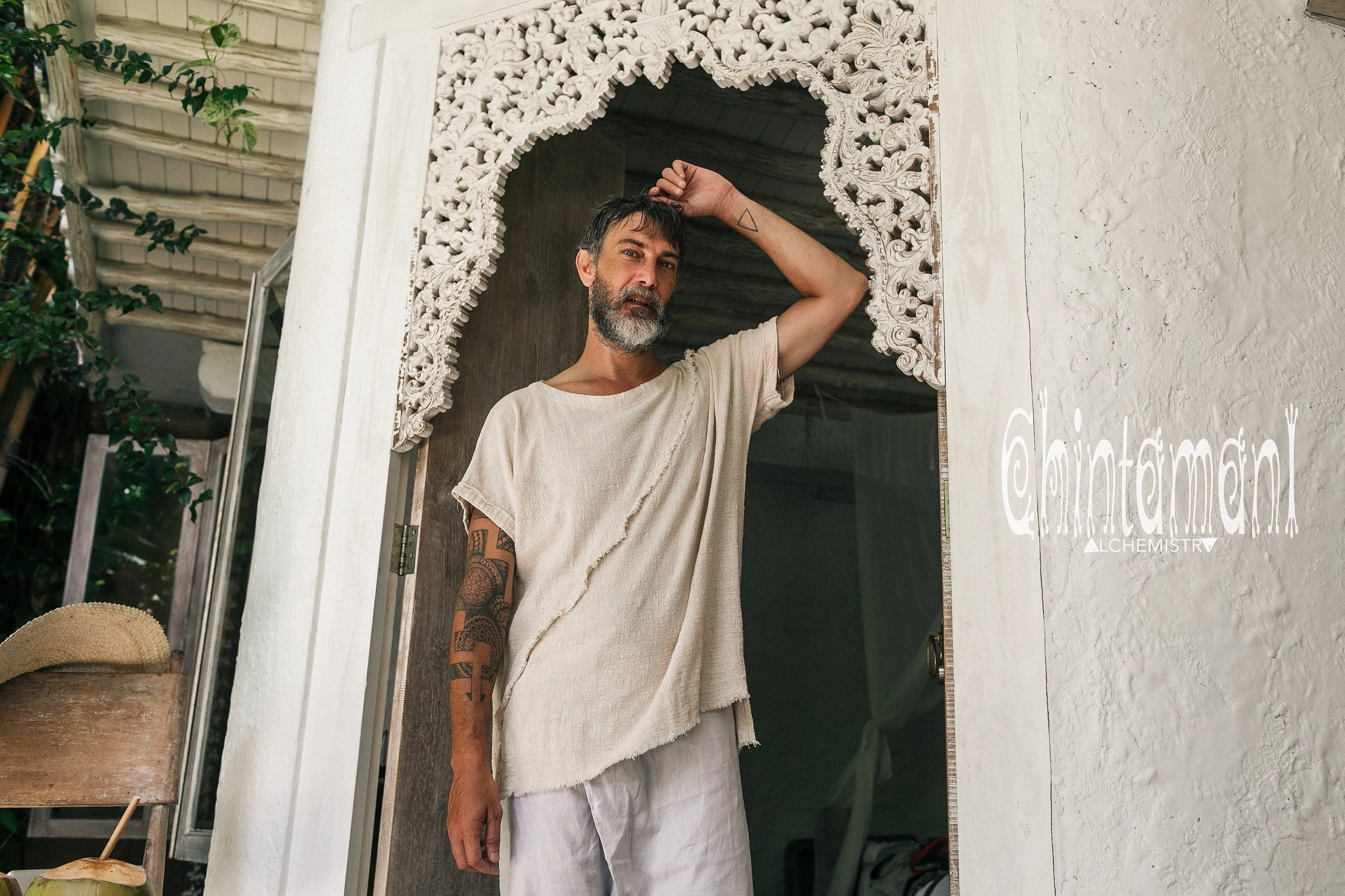 White Boho Tshirt ∆ Organic Shirt Mens Clothing ∆ Eco Nomad Raw Cotton Tribal Top ∆ Hippie Clothes Comfy Tunic ∆ Gypsy Tee Shirt / off White