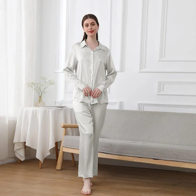 Womens 100% Pure Silk  Pyjamas Set Long Sleeves Solid Color  Silk Sleepwear