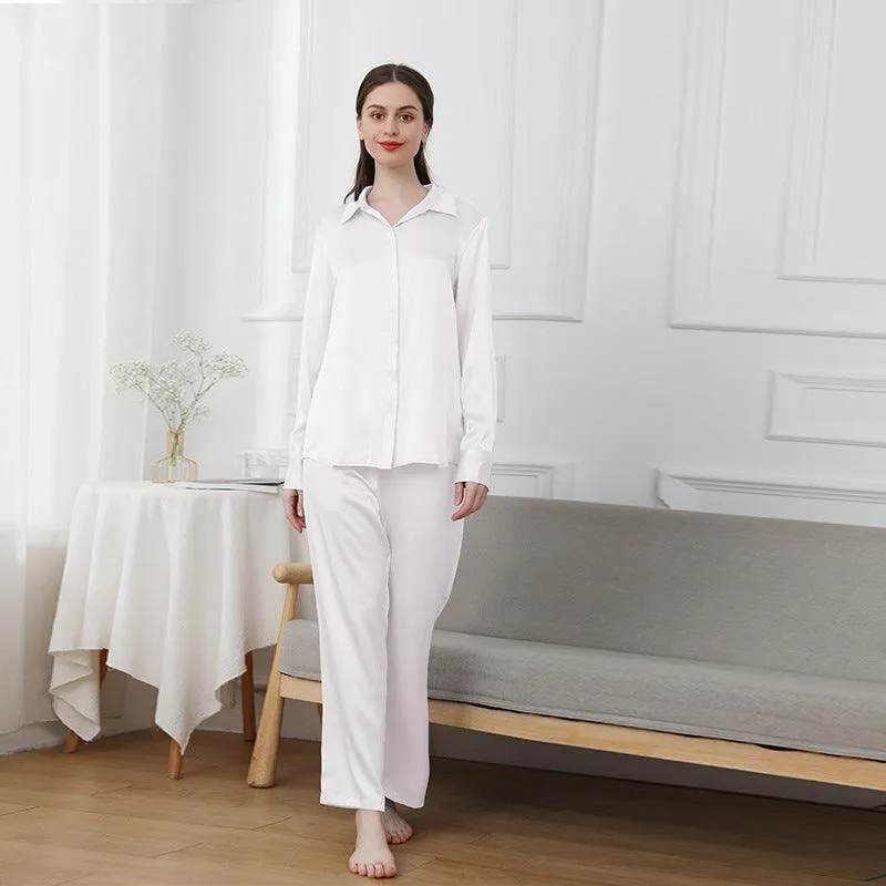 Womens 100% Pure Silk  Pyjamas Set Long Sleeves Solid Color  Silk Sleepwear