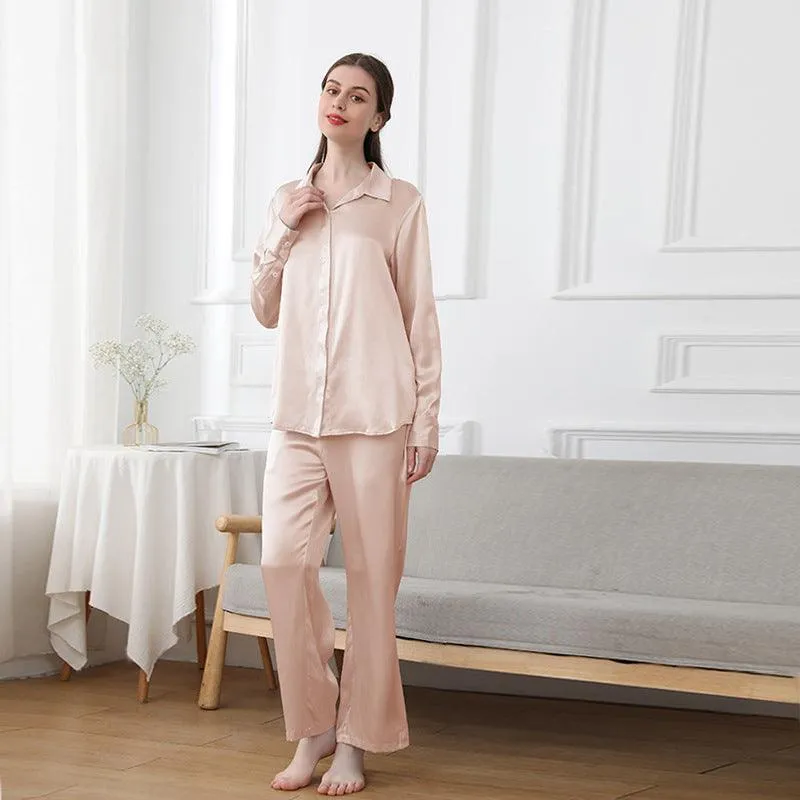 Womens 100% Pure Silk  Pyjamas Set Long Sleeves Solid Color  Silk Sleepwear