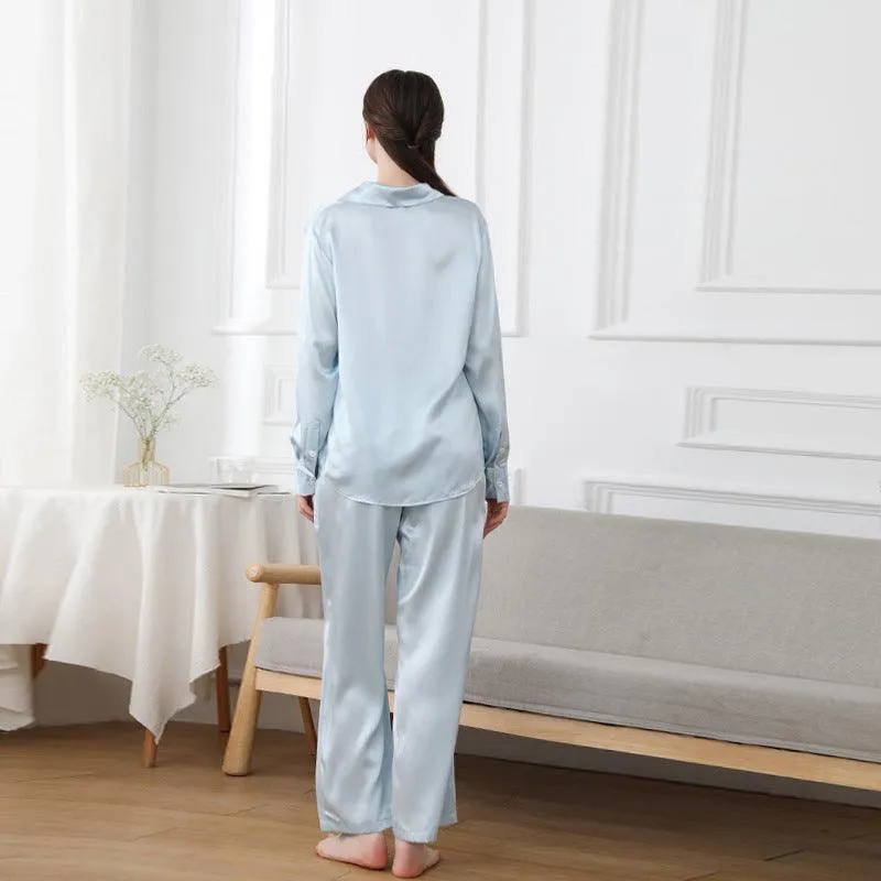 Womens 100% Pure Silk  Pyjamas Set Long Sleeves Solid Color  Silk Sleepwear